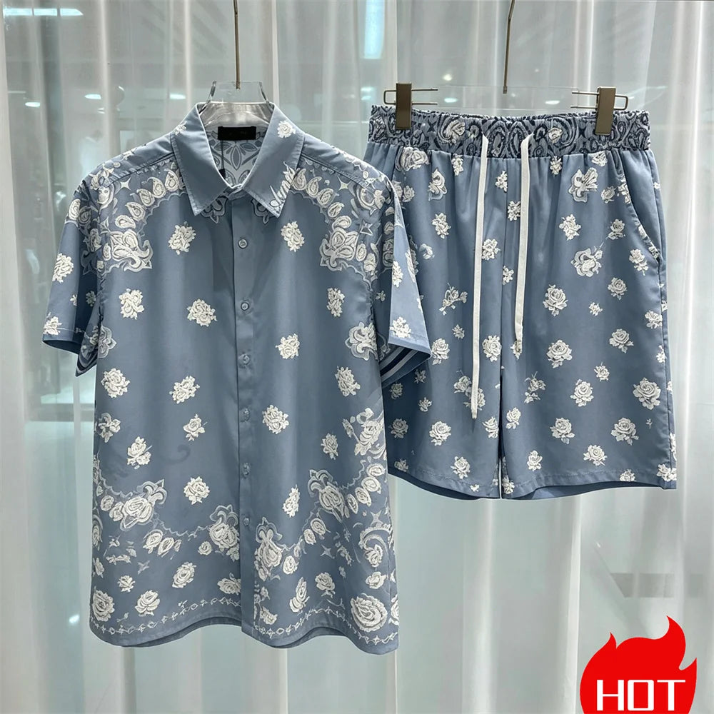 Hawaiian mens royal luxury shorts set,2-piece digital printed suit, summer high-quality short sleeved shirt with buttons set2026
