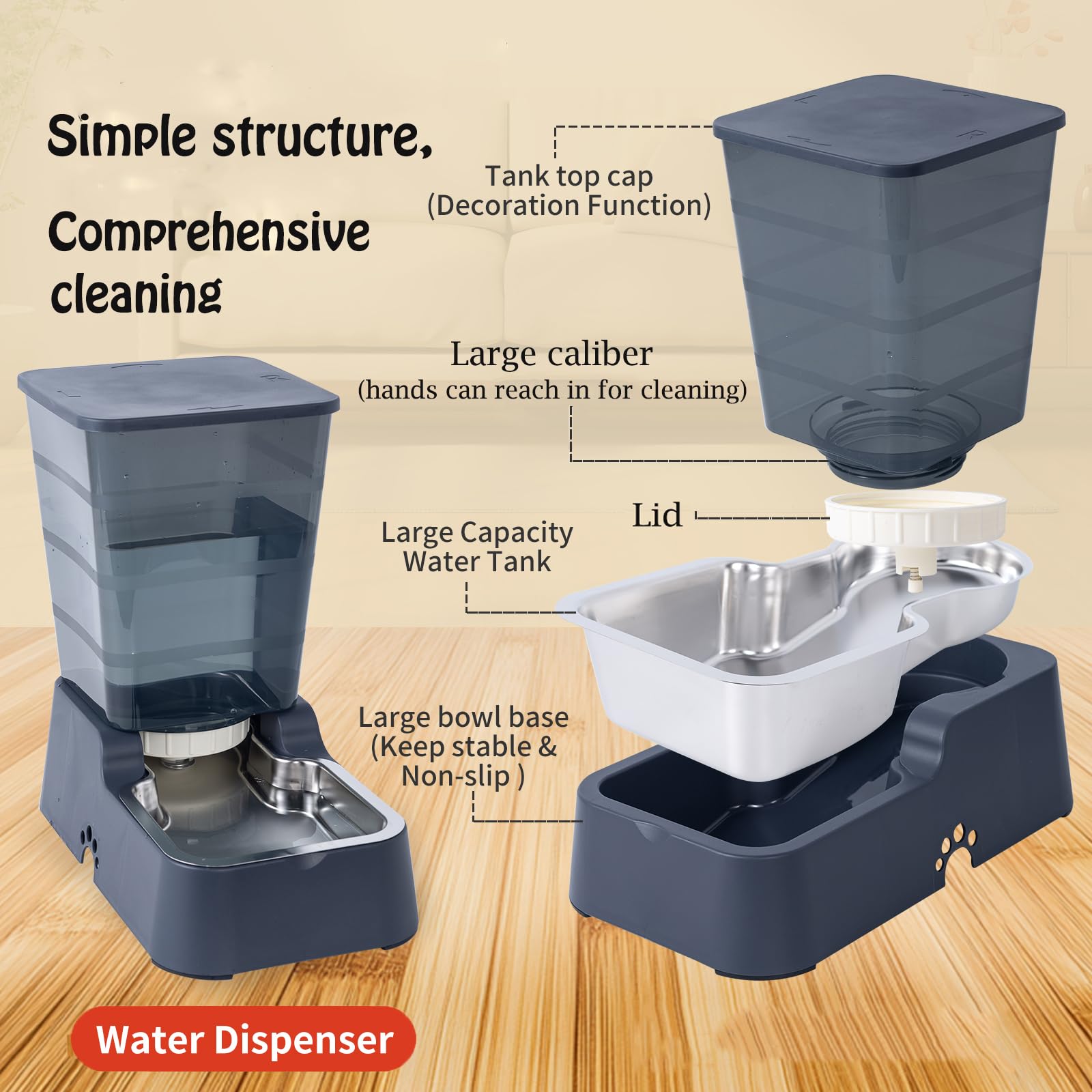 Dispensador Automático de Comida y Agua para Perros y Gatos, 5L - para Mascotas Medianas y Grandes, Otros Animales (Gris Oscuro)