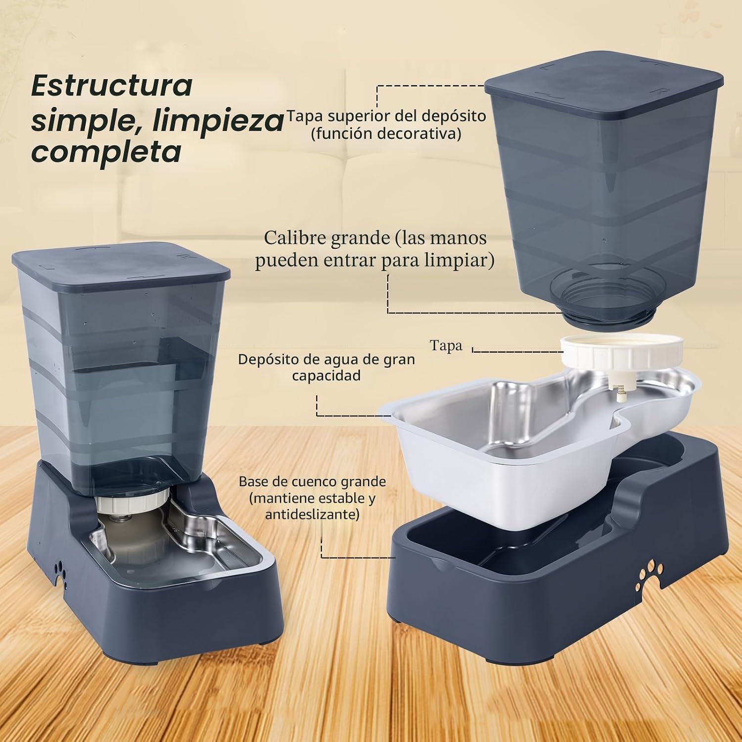 Dispensador Automático de Comida y Agua para Perros y Gatos, 5L - para Mascotas Medianas y Grandes, Otros Animales (Gris Oscuro)
