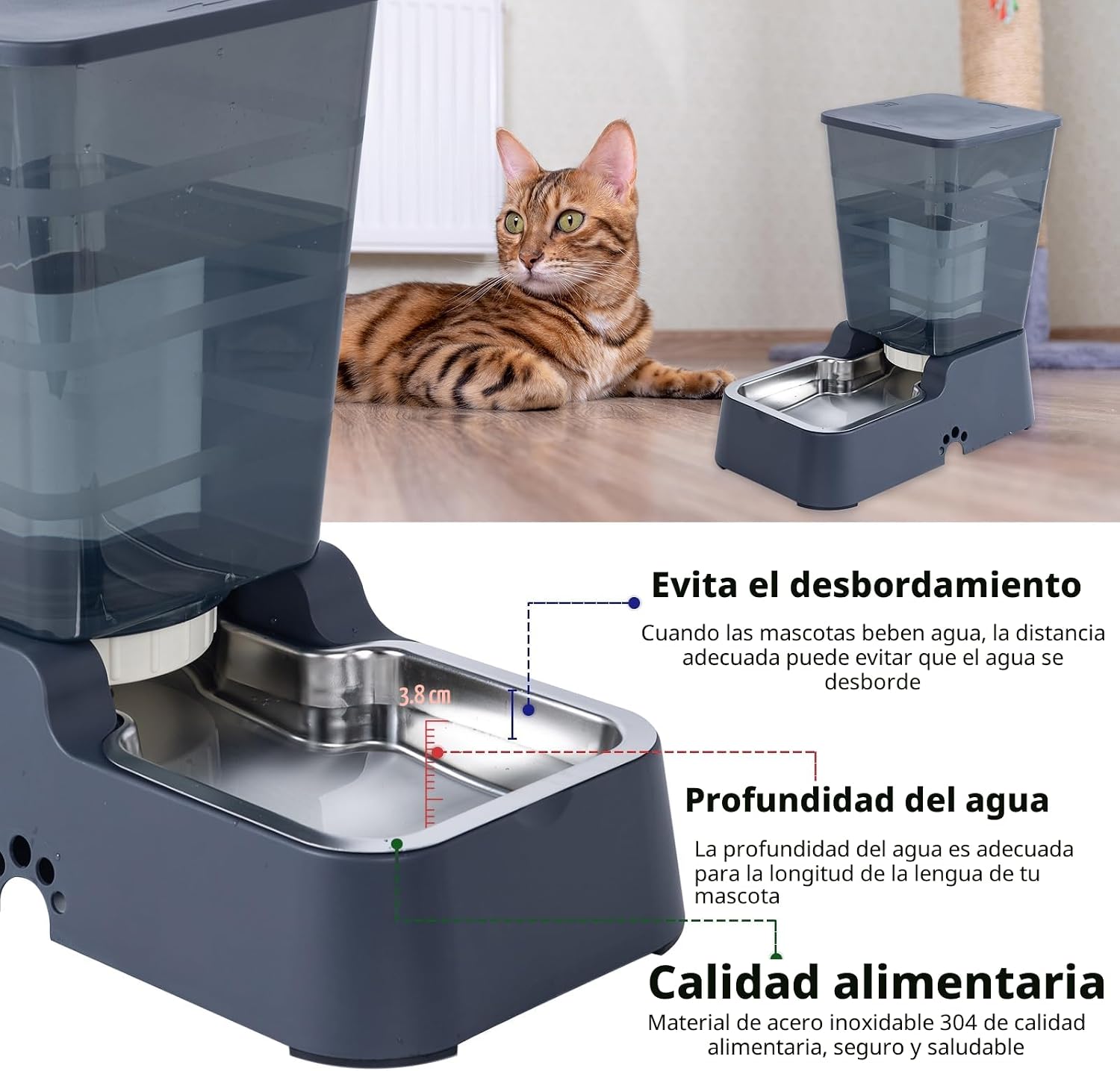 Dispensador Automático de Comida y Agua para Perros y Gatos, 5L - para Mascotas Medianas y Grandes, Otros Animales (Gris Oscuro)