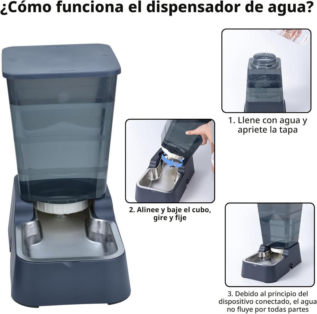 Dispensador Automático de Comida y Agua para Perros y Gatos, 5L - para Mascotas Medianas y Grandes, Otros Animales (Gris Oscuro)