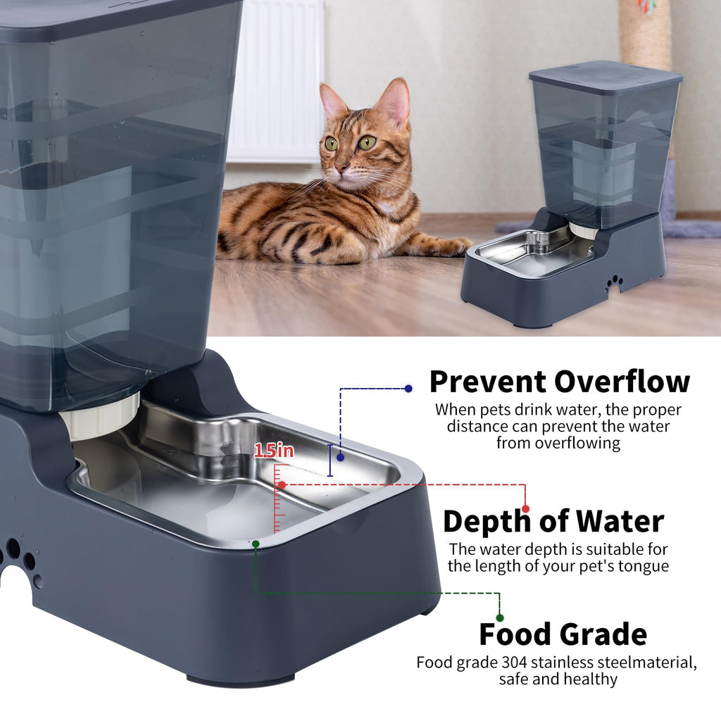 Dispensador Automático de Comida y Agua para Perros y Gatos, 5L - para Mascotas Medianas y Grandes, Otros Animales (Gris Oscuro)
