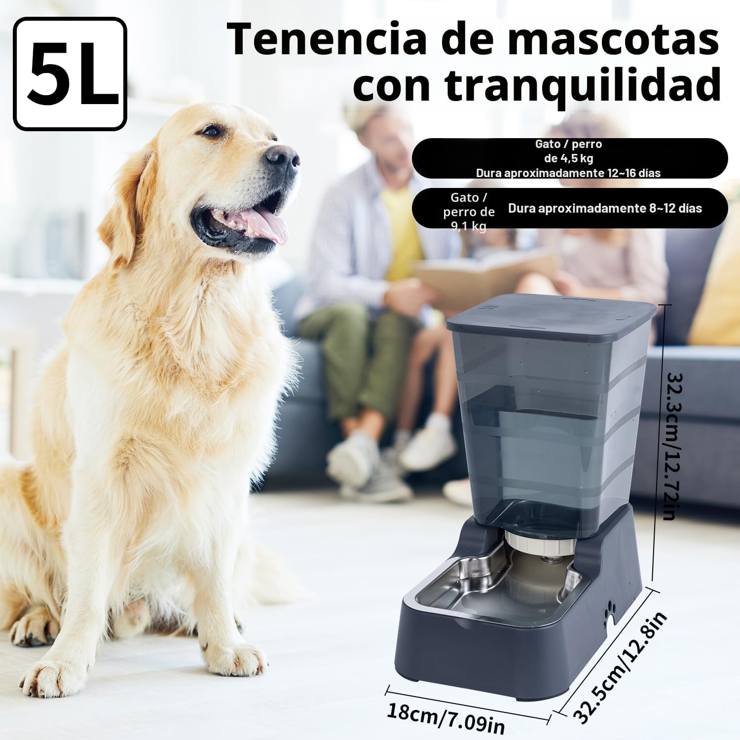 Dispensador Automático de Comida y Agua para Perros y Gatos, 5L - para Mascotas Medianas y Grandes, Otros Animales (Gris Oscuro)