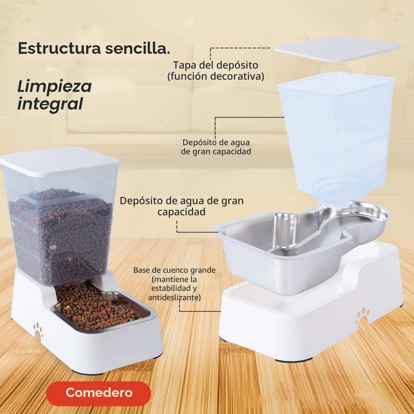 Dispensador Automático de Comida y Agua para Perros y Gatos, 5L - para Mascotas Medianas y Grandes, Otros Animales (Gris Oscuro)