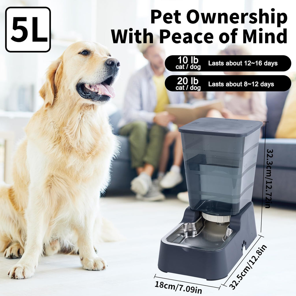 Dispensador Automático de Comida y Agua para Perros y Gatos, 5L - para Mascotas Medianas y Grandes, Otros Animales (Gris Oscuro)