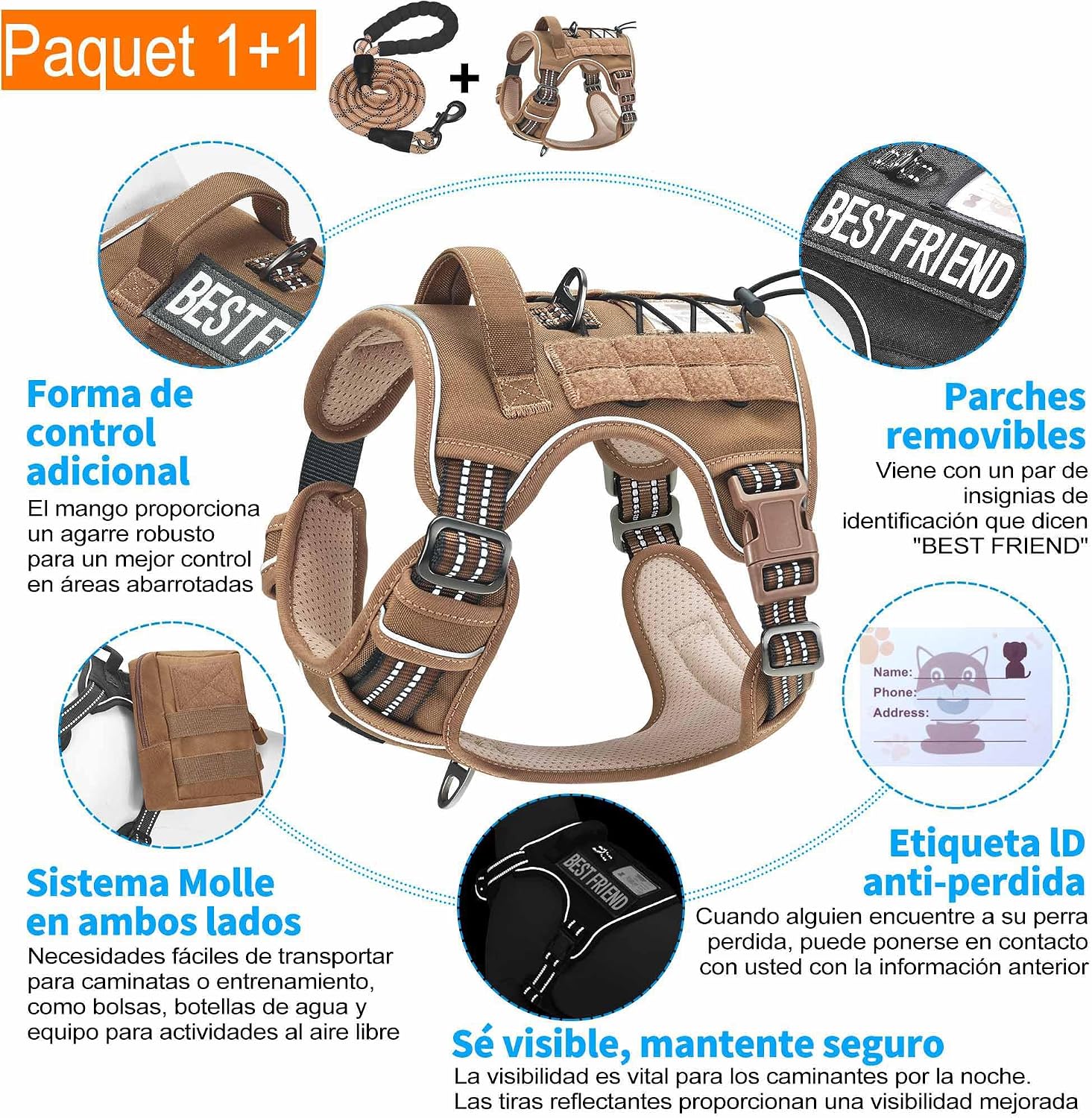 Haapaw Arnés táctico resistente para perros grandes, arnés ajustable para mascotas, reflectante, de fácil control, arnés para perros de trabajo, grande, marrón